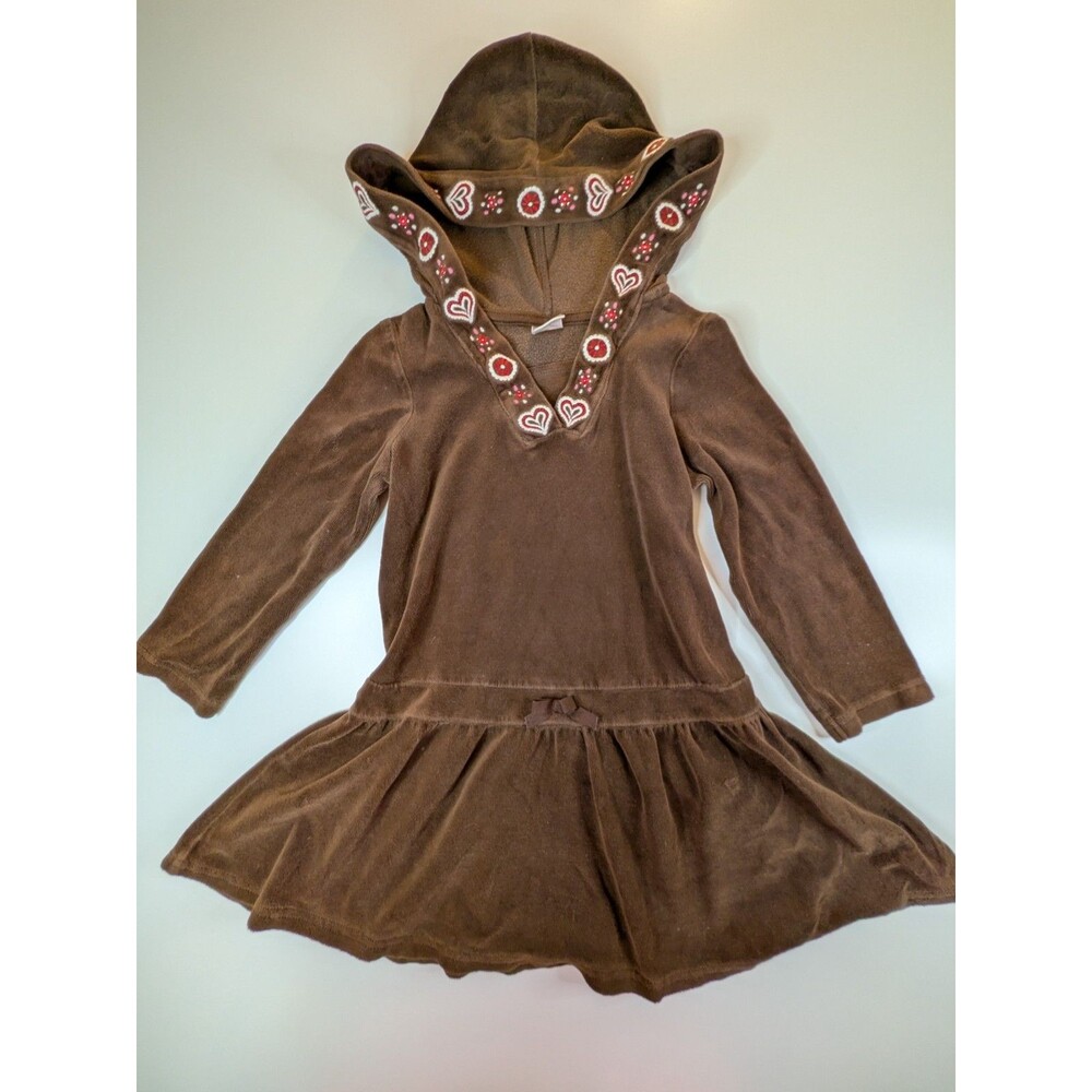 Gymboree Girls Size 5 Brown Velour Hooded Dress Embroidered Hearts